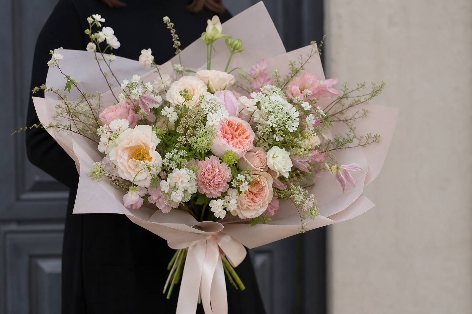 Hand-tied garden bouquet wrapped in blush paper